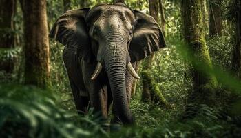 africain l'éléphant en marchant par luxuriant tropical forêt généré par ai photo
