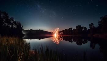 laiteux façon galaxie brille plus de tranquille étang généré par ai photo