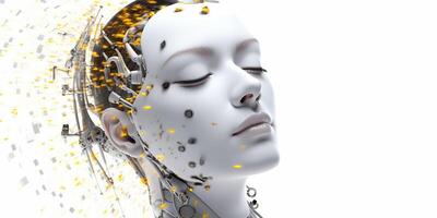 ai généré. ai générative.femelle artificiel intelligence relaxant robot visage éducation avenir photo