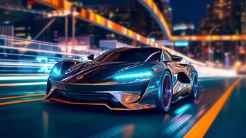 futuriste des sports voiture sur néon Autoroute, accélérant, nuit coureur, clignotant avant, astre saut génératif ai photo