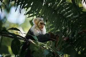 à tête blanche capucin, noir singe séance sur arbre branche dans le foncé tropical forêt. photo
