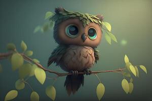 ai généré fermer portrait de dessin animé Pixar 3d hibou séance sur le chouette photo