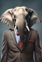 ai généré studio portrait de audacieux l'éléphant dans costume chemise et attacher photo