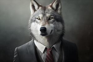 ai généré studio portrait de en colère audacieux Loup dans costume, chemise, attacher photo