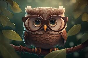 ai généré fermer portrait de dessin animé Pixar 3d hibou séance sur le chouette photo