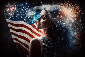 ai généré Etats-Unis 4e juillet indépendance journée fête avec drapeau aigle, gens et magnifique fille photo