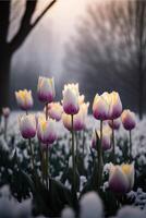 champ de rose et blanc tulipes couvert dans neige. génératif ai. photo