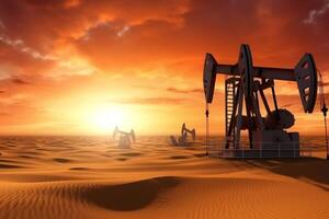 pétrole pompe pétrole plate-forme énergie industriel machine pour pétrole dans le coucher du soleil arrière-plan, génératif ai photo