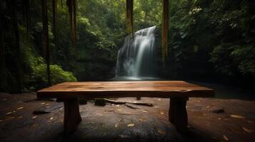 un vide en bois table devient une étape au milieu de le Stupéfiant beauté de une tropical jungle et cascade ai généré photo