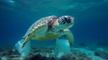 mer tortue manger Plastique en dessous de le mer ai généré photo