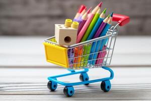 achat école fournitures. papeterie pour des gamins dans une achats Chariot sur blanc en bois Contexte ai généré photo