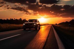 voiture conduite vite sur le Autoroute route contre ciel avec le coucher du soleil ai généré photo