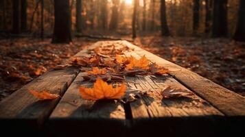 l'automne table - Orange feuilles et en bois planche à le coucher du soleil dans forêt ai généré photo