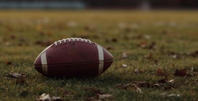 Jeu temps, une fermer de un américain Football sur le champ de jouer ai généré photo