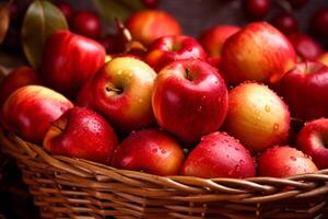 chutes fructueux cadeau, panier débordé avec rouge juteux biologique pommes ai généré photo