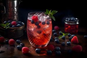 cocktail avec myrtilles et framboises dans une verre sur une en bois tableau. génératif ai photo