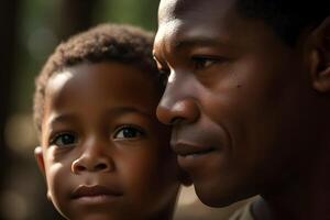 content africain américain père et fils à la recherche à chaque autre dans le parc. génératif ai photo