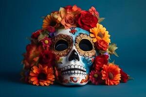 journée de le mort sucre crâne masque avec fleurs sur bleu Contexte. génératif ai photo