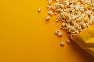 sac de pop corn sur Jaune Contexte avec espace de copie. génératif ai photo