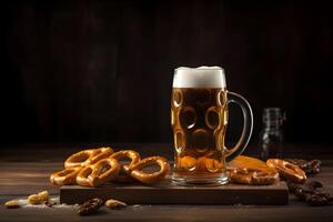 une verre de Bière avec bretzels sur une en bois tableau. génératif ai photo