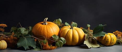 de fête l'automne et content action de grâces décor de citrouilles, baies et feuilles. ai généré. photo