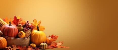 de fête l'automne et content action de grâces décor de citrouilles, baies et feuilles. ai généré. photo