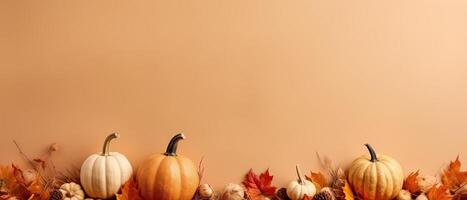 de fête l'automne et content action de grâces décor de citrouilles, baies et feuilles. ai généré. photo