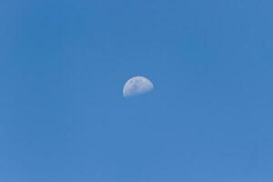 une horizontal coup de une demi Lune visible pendant lumière du jour dans le bleu ciel photo