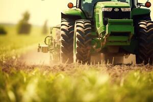 ai généré. puissant vert tracteur et combinateur dans champ. tendance sur obturateur. lourd grain, machinerie, et fils. valoriser agriculture efficacité. rural récolte à ses le plus fin. photo