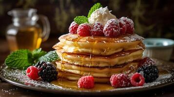 ai généré. duveteux Crêpes avec fusion beurre, bruine dans d'or érable sirop. Frais baies, menthe feuilles, et une saupoudrage de en poudre sucre créer une rêveur ambiance. photo