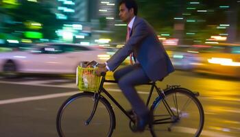 chinois homme d'affaire cyclisme par ville circulation dans plein costume généré par ai photo