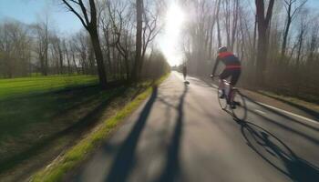 deux Hommes cyclisme dans le forêt, une récréatif poursuite pour les athlètes généré par ai photo