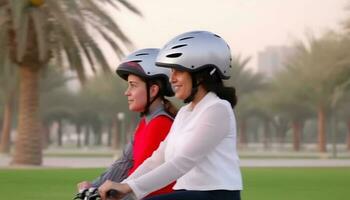 deux souriant adultes dans des sports casques cyclisme en plein air pour loisir généré par ai photo