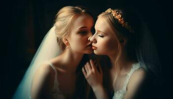 deux magnifique femmes embrassement dans mariage Robes, rayonnant bonheur et l'amour généré par ai photo