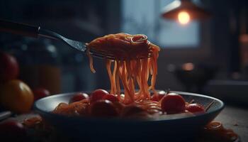 en bonne santé végétarien Pâtes repas avec Frais tomate sauce sur en bois bol généré par ai photo