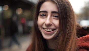 Jeune adulte femme avec marron cheveux souriant pour photo du visage portrait généré par ai