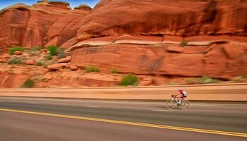 Hommes et femmes cyclisme par érodé grès terrain avec la vitesse généré par ai photo