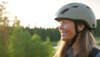 un femme souriant dans des sports casque jouit Extérieur cyclisme aventure généré par ai photo