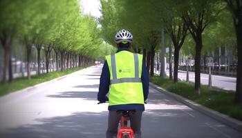 un la personne cyclisme en plein air avec une casque pour sécurité généré par ai photo