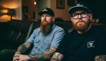 deux mâles séance sur canapé, un avec froussard tatouage généré par ai photo