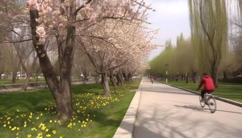 cyclisme par Cerise fleur des arbres, profiter le beauté dans la nature généré par ai photo