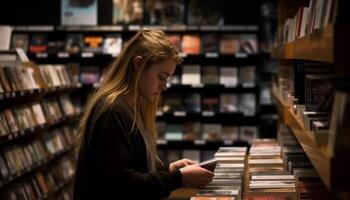 un femme choisir de un abondance de livres dans bibliothèque généré par ai photo