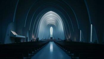 futuriste architecture illumine vide souterrain couloir avec disparition point la perspective généré par ai photo