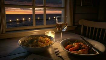 le coucher du soleil romance grillé fruit de mer, blanc vin, chandelle, et citron fraîcheur généré par ai photo