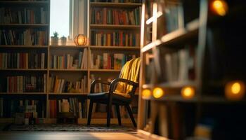 brillant moderne étagère à livres illumine vieux façonné Littérature collection dans confortable vivant pièce généré par ai photo
