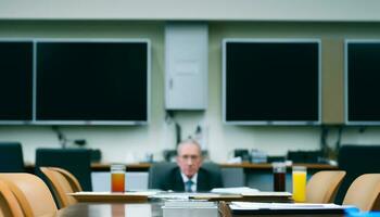 sur de soi homme d'affaire séance à bureau, enseignement dans moderne salle de cours généré par ai photo