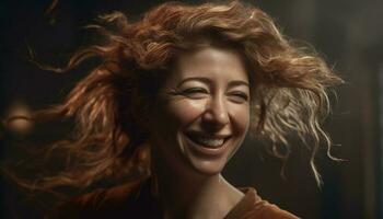 magnifique Jeune femme avec frisé marron cheveux souriant joyeusement à l'intérieur généré par ai photo