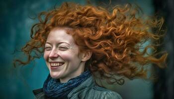 souriant Jeune adulte femme avec frisé marron cheveux en plein air en riant généré par ai photo