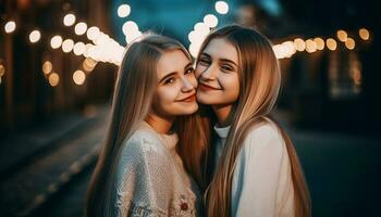 deux Jeune femmes embrasser, souriant, profiter vie nocturne et relation amicale généré par ai photo