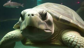 en danger mer tortue nager dans tropical des eaux, concentrer sur premier plan généré par ai photo